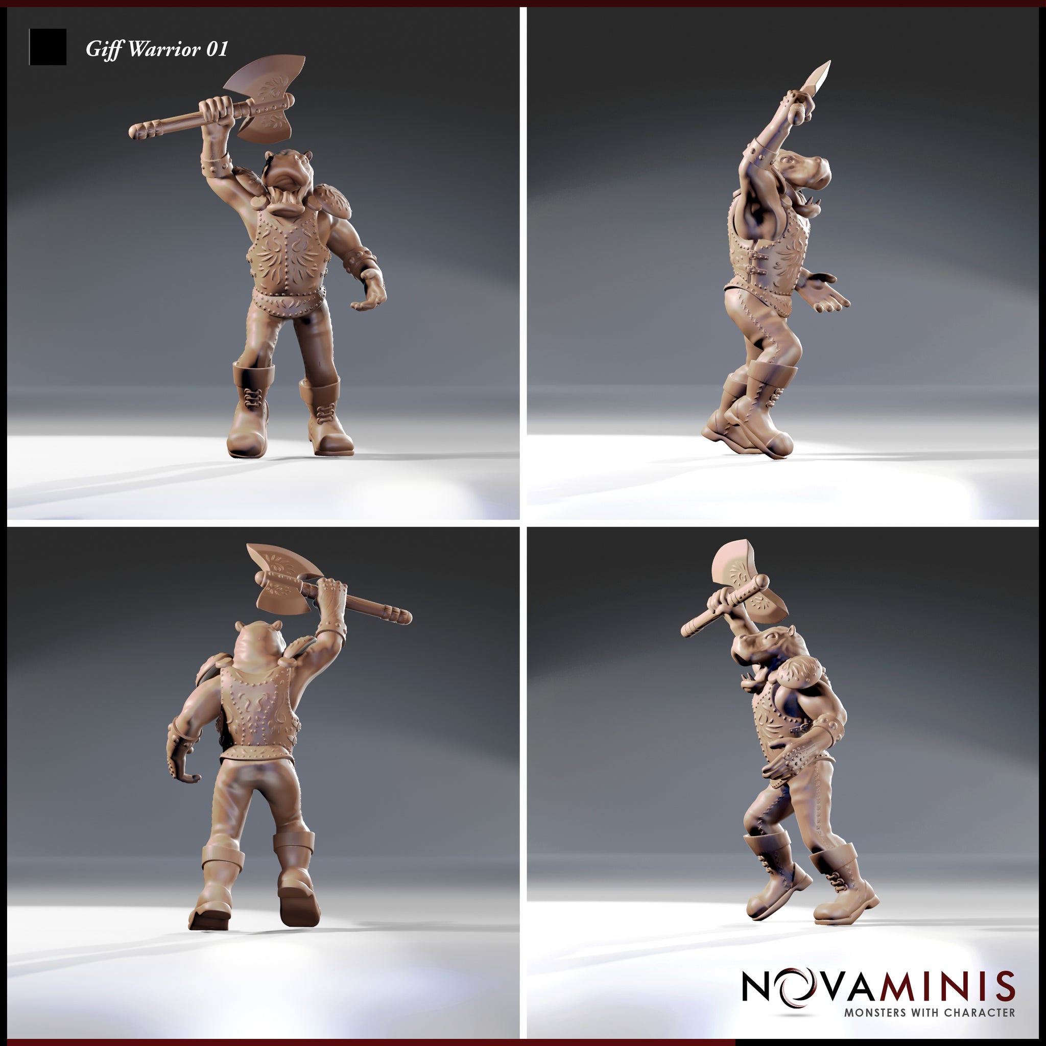 Four-angle digital render sheet of Giff Warrior 01 by Novaminis — front, side, back, and three-quarter views of the axe-wielding hippofolk warrior in an aggressive mid-swing pose, showing full armour detail including the engraved breastplate, studded belt, and boots. Unpainted clay-tone resin render.