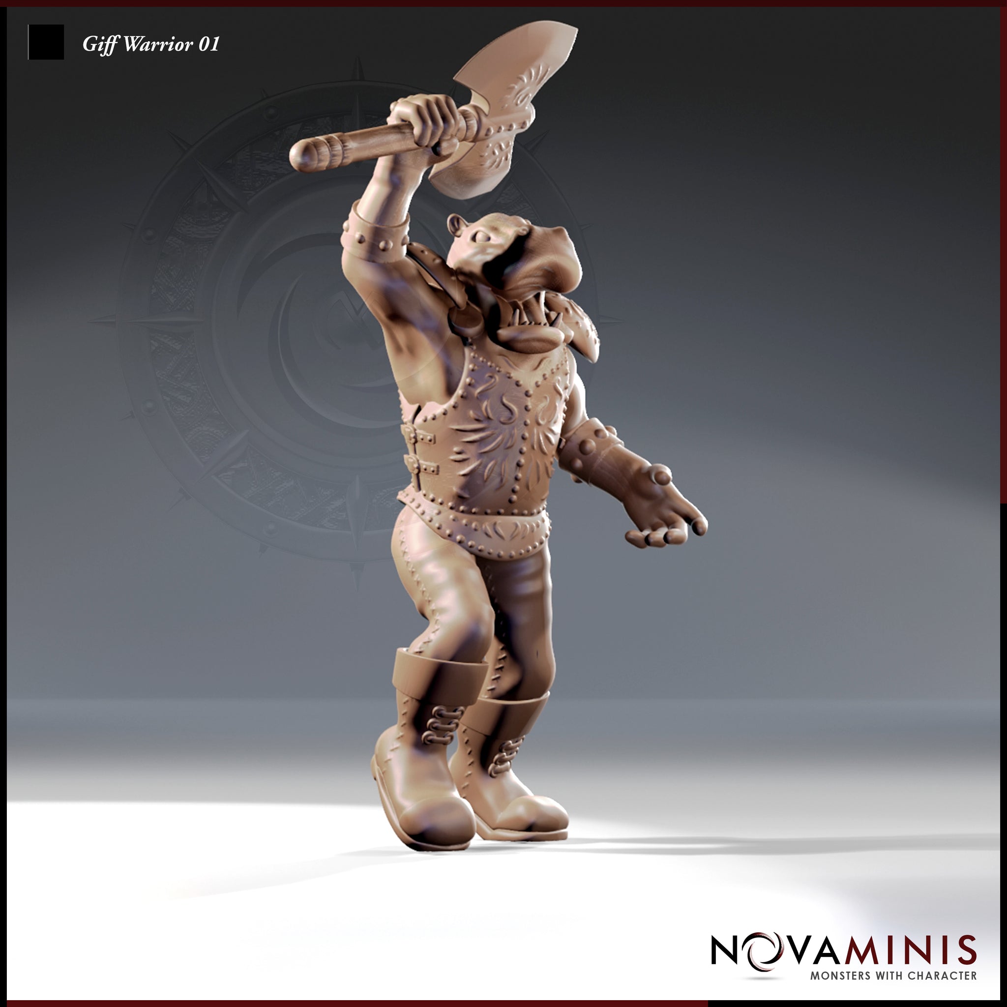 Digital render of Giff Warrior 01 miniature by Novaminis — a large hippofolk warrior mid-swing with a broad axe raised high over one shoulder, mouth open, wearing a sun-burst engraved breastplate, studded belt, bracers, and heavy lace-up boots. Unpainted clay-tone resin render, shown at 32mm scale.