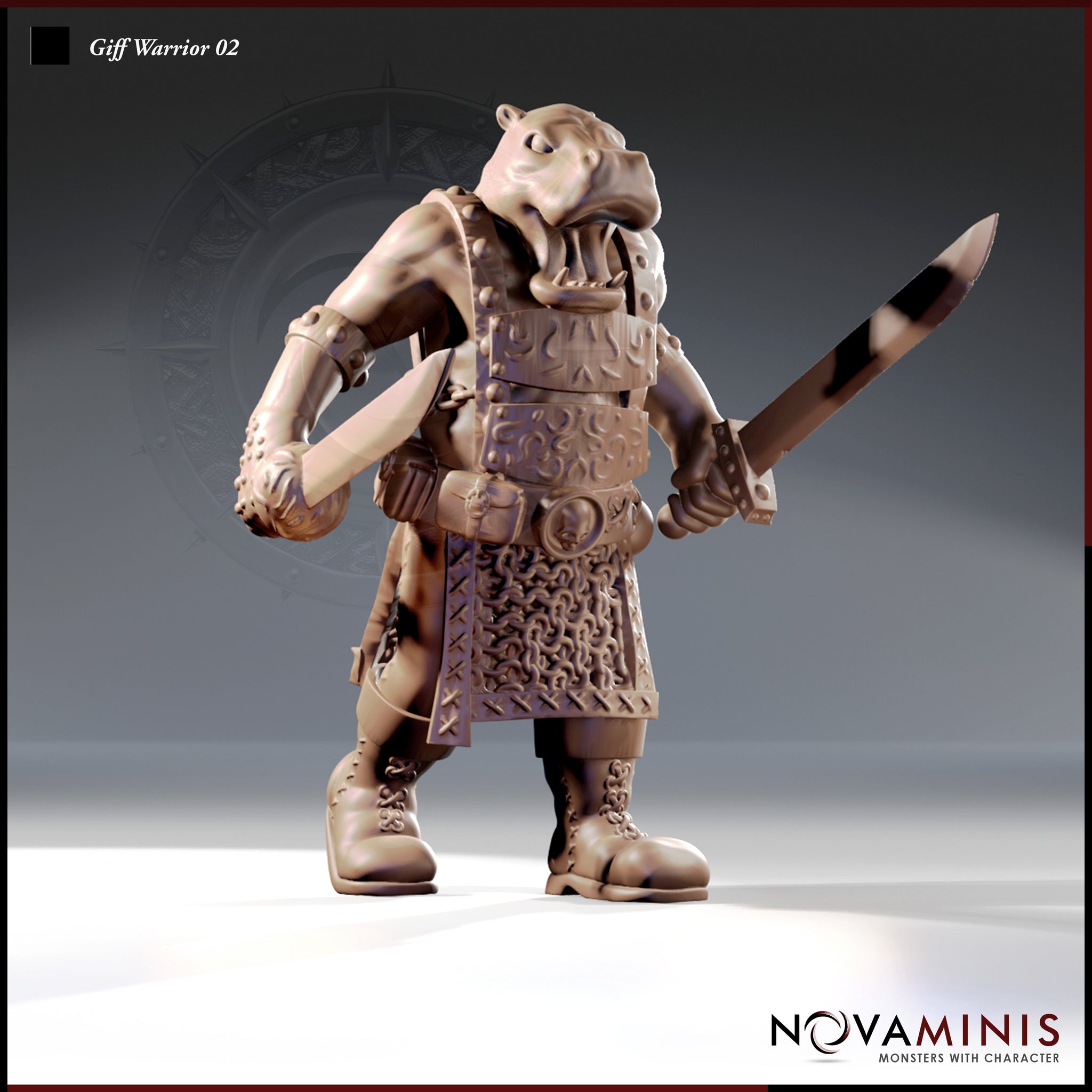 Digital render of Giff Warrior 02 miniature by Novaminis — a heavily armoured hippofolk warrior in a composed combat stance, holding a broad short sword in one hand and a spiked knuckleduster in the other, wearing a knotwork-engraved breastplate over a chainmail skirt with a decorated belt and lace-up boots. Unpainted clay-tone resin render, shown at 32mm scale.