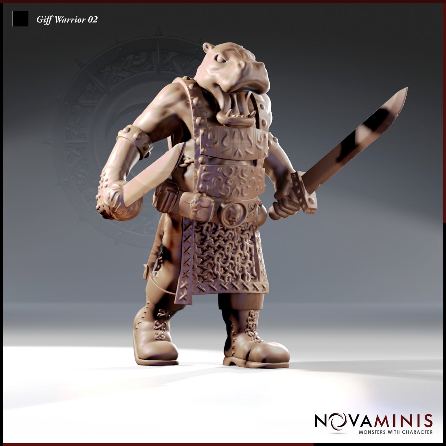 Front three-quarter view of an unpainted resin Giff Warrior 02 miniature at 32mm scale — a heavily built hippo-headed humanoid wearing engraved segmented armour, a wide ornate belt, chainmail skirt, and heavy laced boots. He holds a large cleaver-style blade in his right hand and clenches a spiked knuckle guard in his left, in a measured combat-ready stance. Digital render by Novaminis.