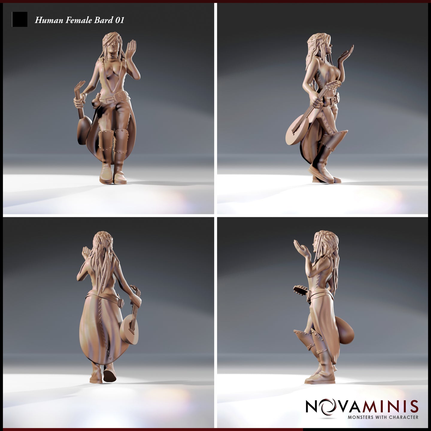 Four-angle render sheet of the Human Female Bard 01 miniature by Novaminis — unpainted resin, showing front, side, rear, and three-quarter views. The sculpt captures the bard in a confident walking pose, lute trailing at her hip and one hand raised, with detailed belt fittings, boot studs, and lute tuning pegs visible from all sides.