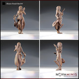 Four-angle render sheet of the Human Female Bard 01 miniature by Novaminis — unpainted resin, showing front, side, rear, and three-quarter views. The sculpt captures the bard in a confident walking pose, lute trailing at her hip and one hand raised, with detailed belt fittings, boot studs, and lute tuning pegs visible from all sides.