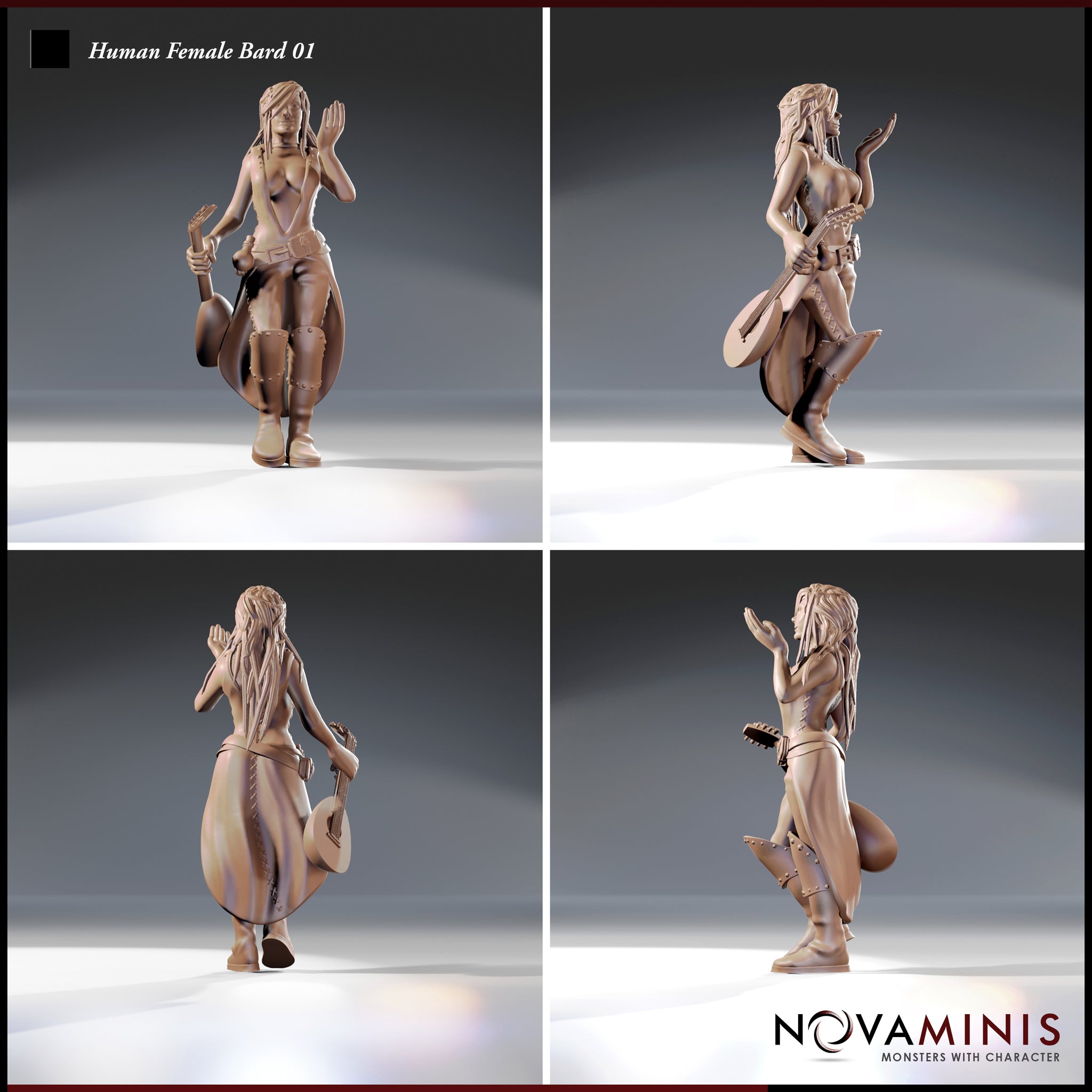 Four-angle render sheet of the Human Female Bard 01 miniature by Novaminis — unpainted resin, showing front, side, rear, and three-quarter views. The sculpt captures the bard in a confident walking pose, lute trailing at her hip and one hand raised, with detailed belt fittings, boot studs, and lute tuning pegs visible from all sides.