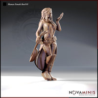 Front three-quarter render of the Human Female Bard 01 miniature by Novaminis — an unpainted resin figure at 32mm scale showing a human woman mid-stride, holding a lute at her side and raising one open palm. She wears a studded belt with pouches, a lace-fronted split skirt, and riveted knee-high boots, with long braided hair flowing loose.