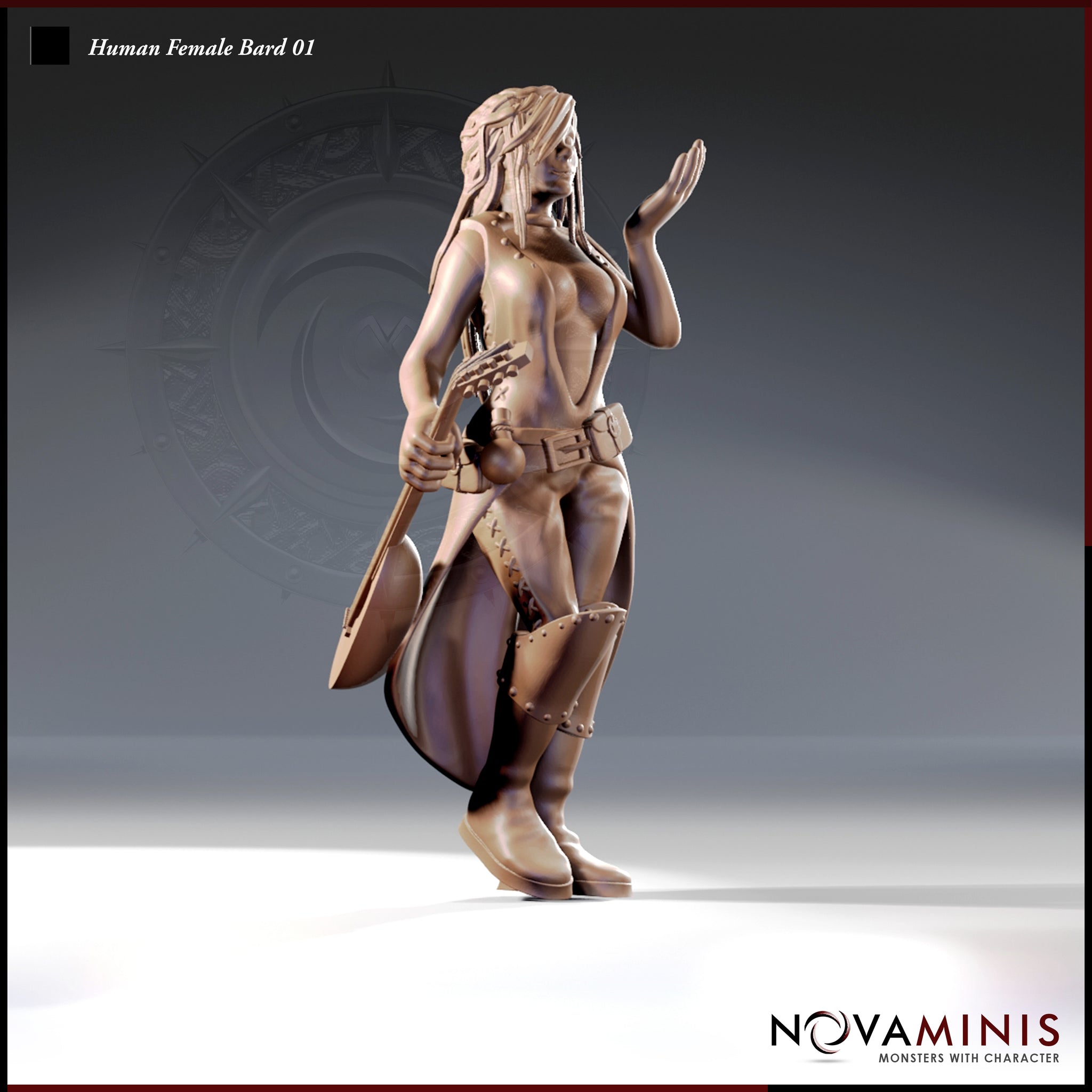 Front three-quarter render of the Human Female Bard 01 miniature by Novaminis — an unpainted resin figure at 32mm scale showing a human woman mid-stride, holding a lute at her side and raising one open palm. She wears a studded belt with pouches, a lace-fronted split skirt, and riveted knee-high boots, with long braided hair flowing loose.
