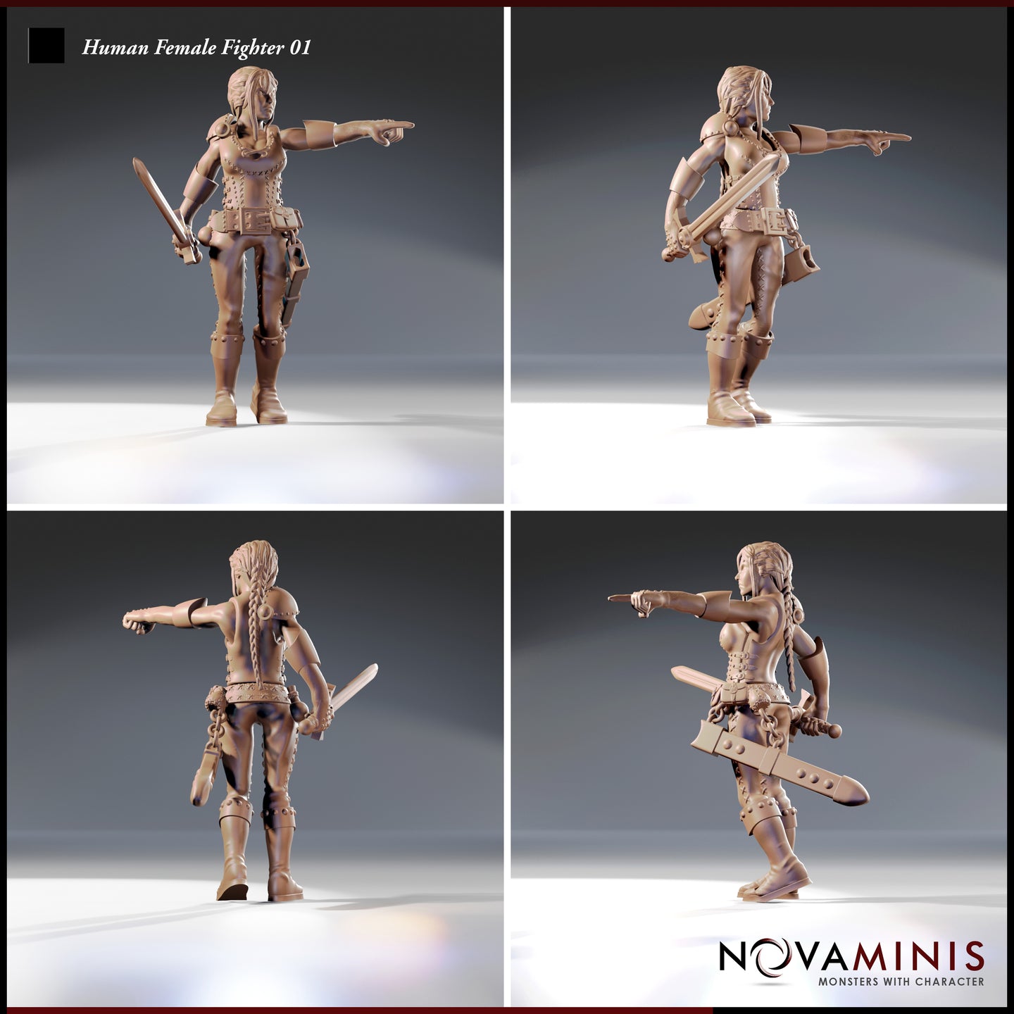 Four-angle digital render of Human Female Fighter 01 by Novaminis showing front, side, rear, and three-quarter views of a human female warrior in riveted leather armour with braided hair, longsword, and pointing gesture