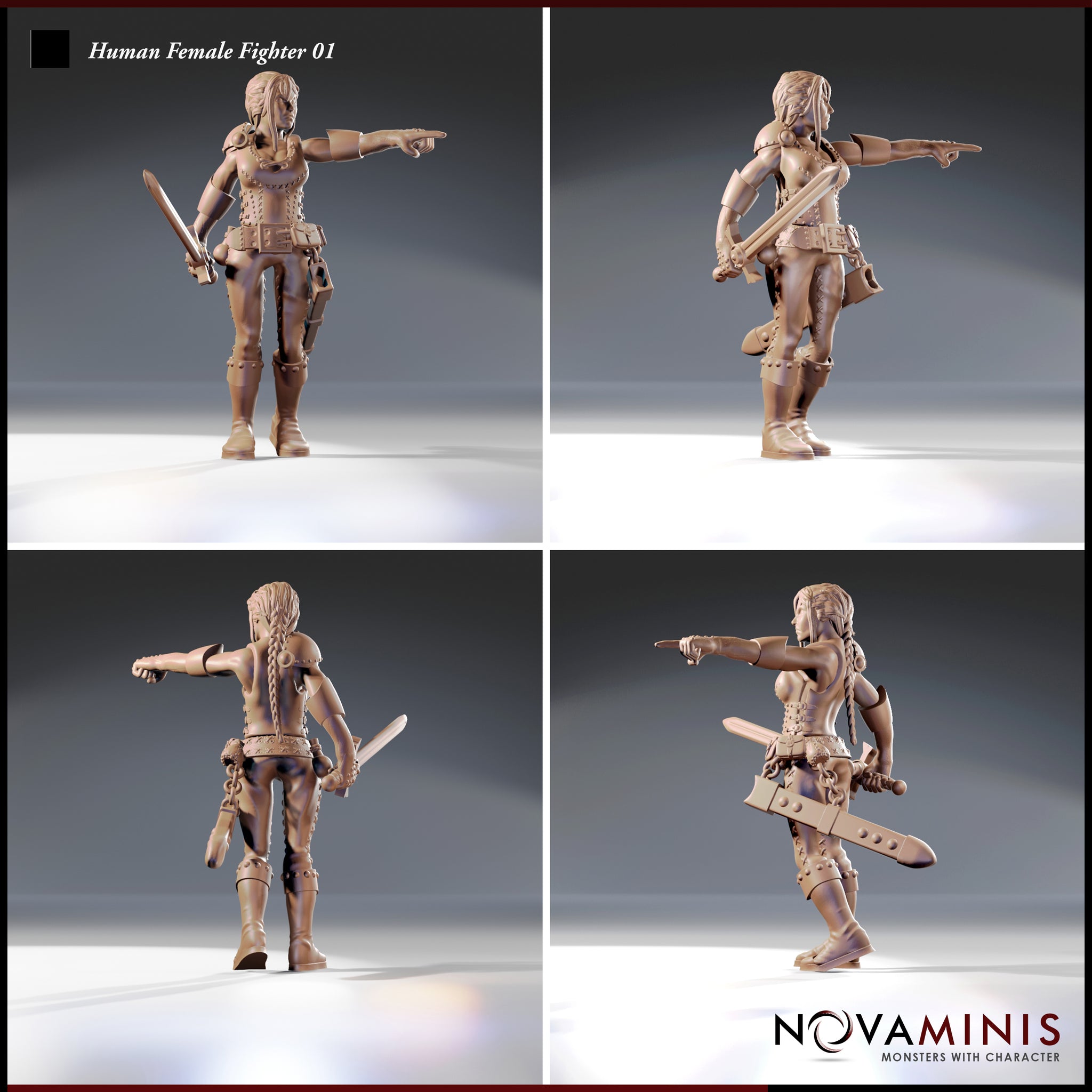 Four-angle digital render of Human Female Fighter 01 by Novaminis showing front, side, rear, and three-quarter views of a human female warrior in riveted leather armour with braided hair, longsword, and pointing gesture