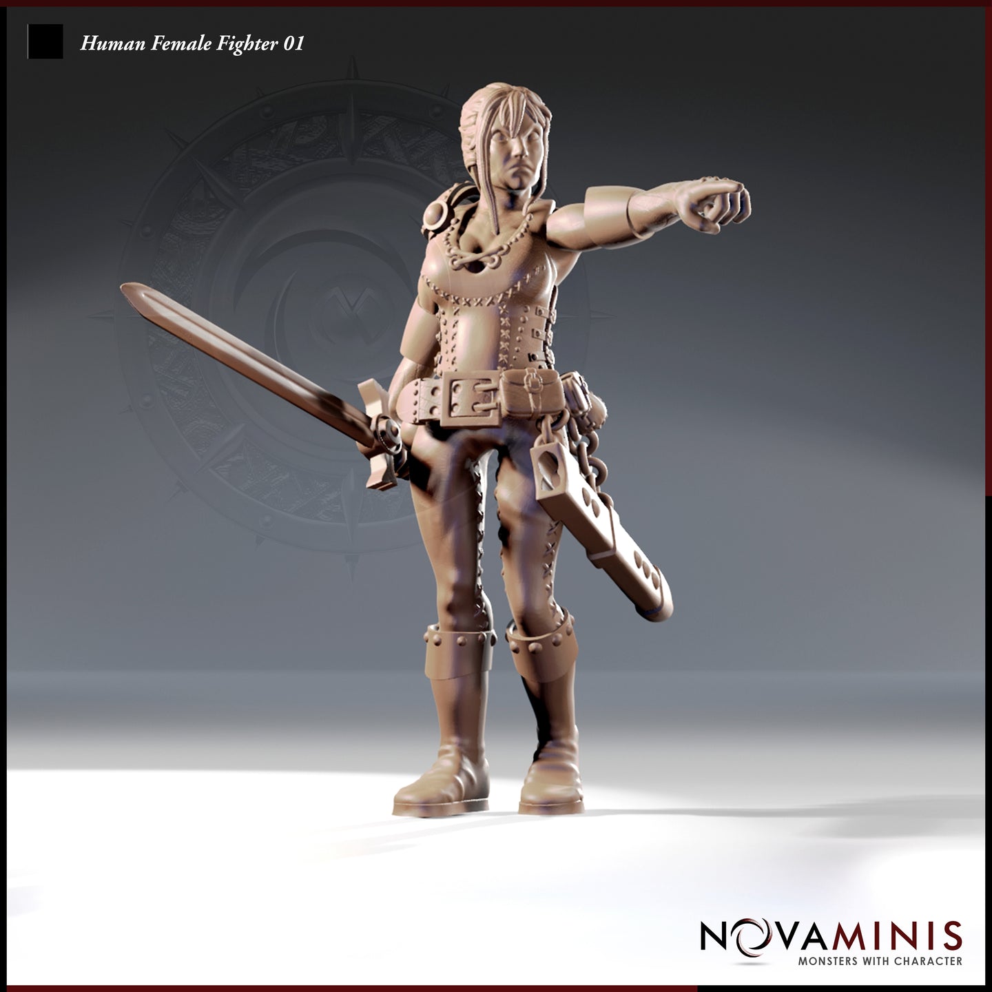 32mm resin miniature render of a human female fighter in studded leather armour, one arm extended pointing forward, holding a longsword low in her other hand with a flail hanging from her belt — Human Female Fighter 01 by Novaminis