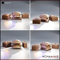 Four-angle digital render of the Novaminis Supplies 03 scatter terrain set showing the stitched sack stack, bread-filled wooden crate, and small domed chest from multiple viewpoints, all unpainted in warm brown clay finish