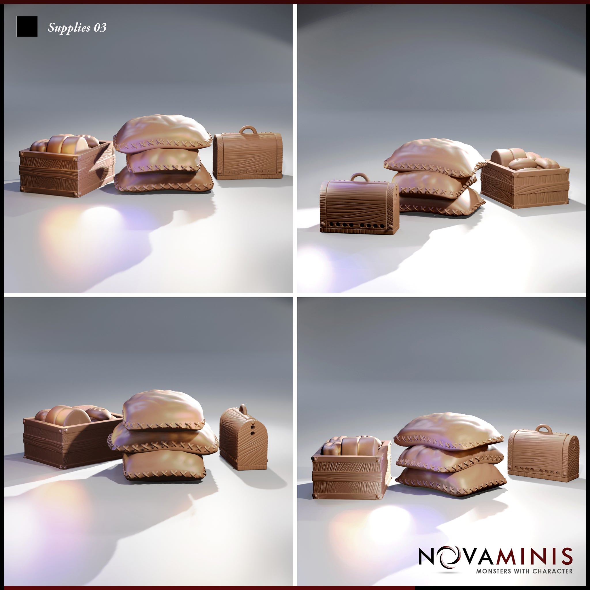 Four-angle digital render of the Novaminis Supplies 03 scatter terrain set showing the stitched sack stack, bread-filled wooden crate, and small domed chest from multiple viewpoints, all unpainted in warm brown clay finish