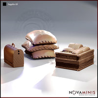 Digital render of the Novaminis Supplies 03 scatter terrain set showing three unpainted resin pieces: a stack of three stitched canvas sacks, a wooden crate filled with bread loaves, and a small domed wooden chest with a handle, all in a warm brown clay colour