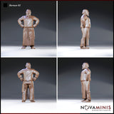Heavyset bald barman shown from four angles — hands on hips, long apron with braided rope detail, short beard, broad back visible in rear view, tunic clasped at collar. Sculpt by Novaminis.