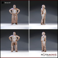 Heavyset bald barman shown from four angles — hands on hips, long apron with braided rope detail, short beard, broad back visible in rear view, tunic clasped at collar. Sculpt by Novaminis.