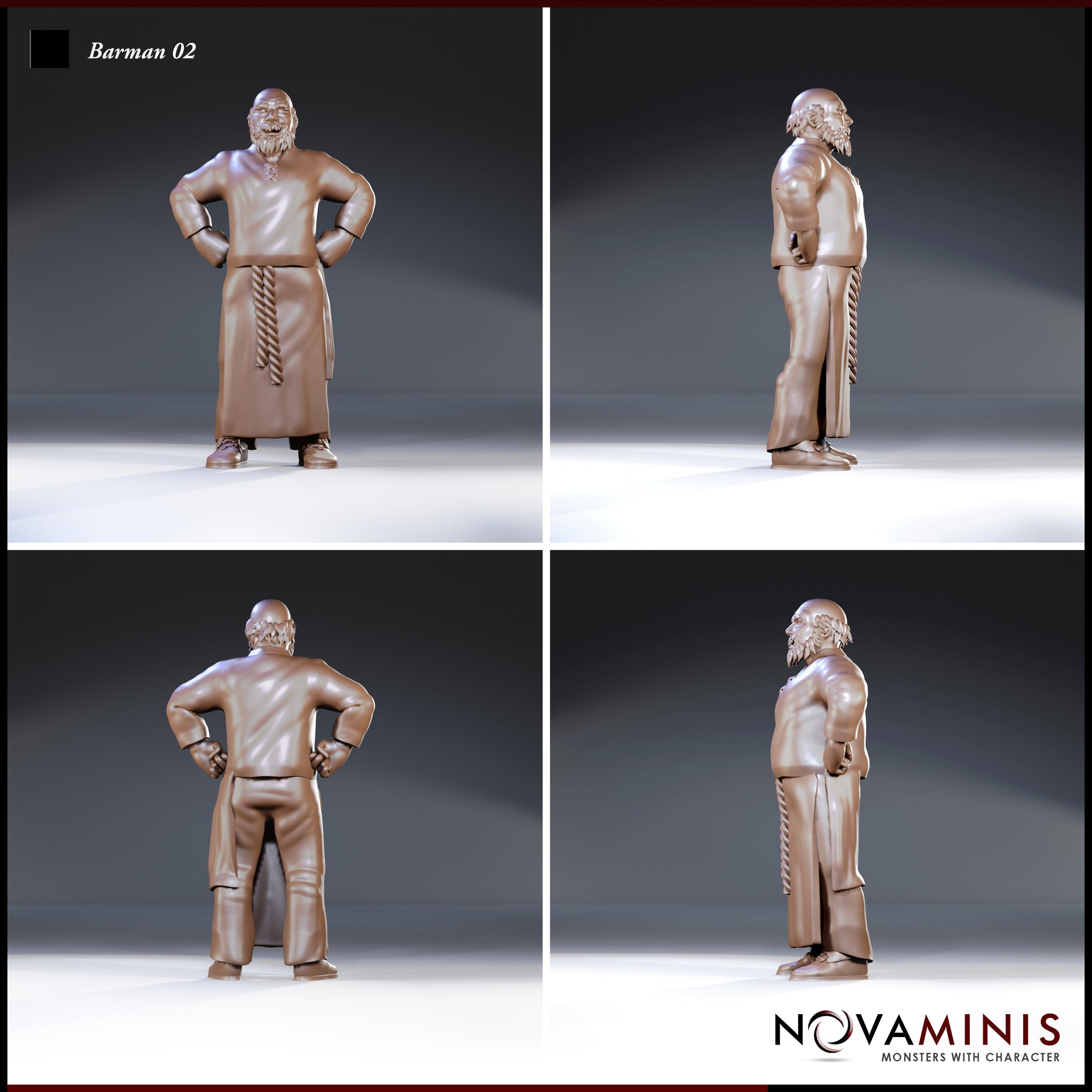 Heavyset bald barman shown from four angles — hands on hips, long apron with braided rope detail, short beard, broad back visible in rear view, tunic clasped at collar. Sculpt by Novaminis.