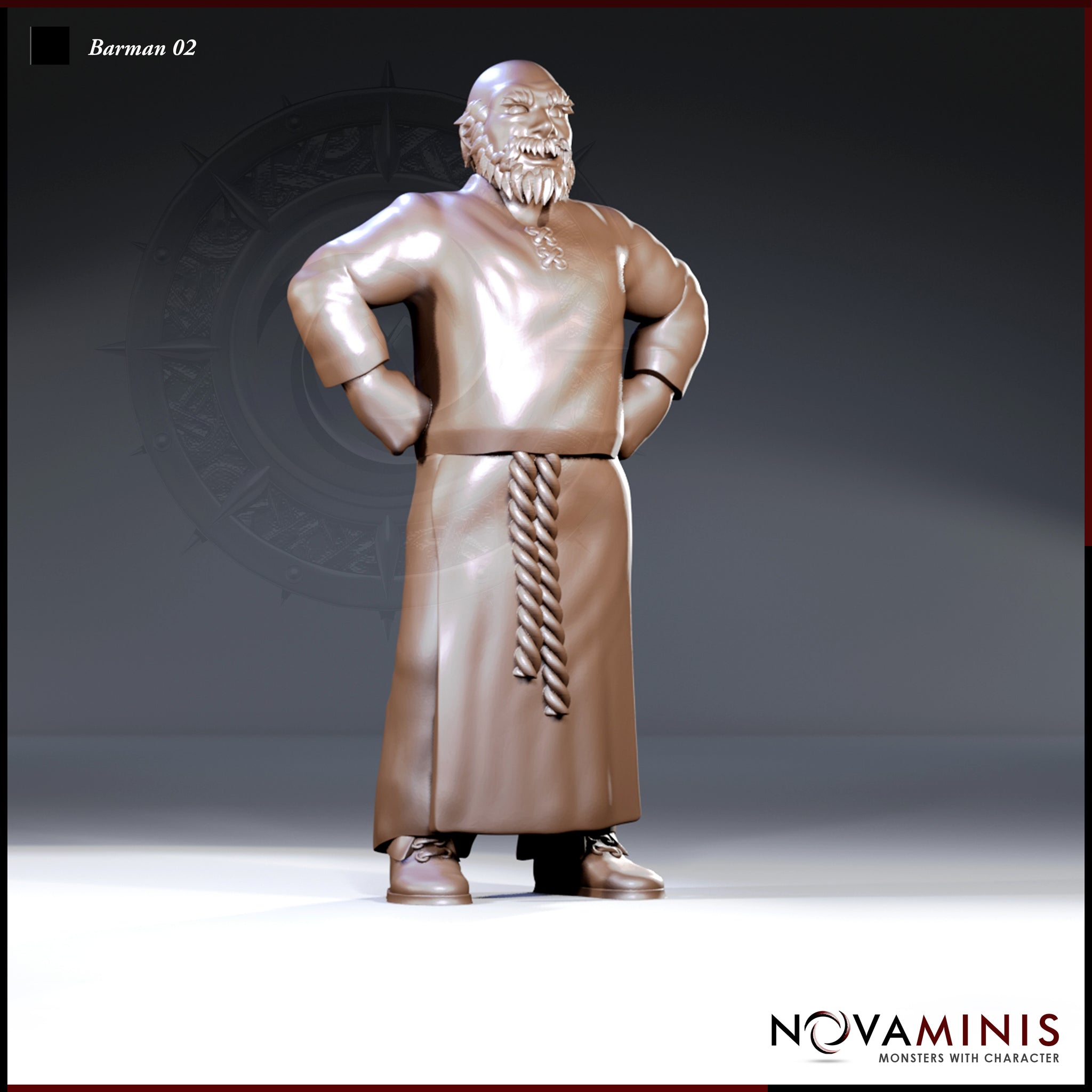 Heavyset bald barman standing with both hands on hips, wearing a long apron with a twisted rope tie at the waist, short beard, and a tunic clasped at the collar. Sculpt by Novaminis.