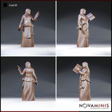 Female cook shown from four angles: reading from a raised book, gripping a flat pan underarm, rope-belted skirts with hanging ladle and pouch, braided hair loosely pinned back. Sculpt by Novaminis.