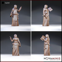 Female cook shown from four angles: reading from a raised book, gripping a flat pan underarm, rope-belted skirts with hanging ladle and pouch, braided hair loosely pinned back. Sculpt by Novaminis.