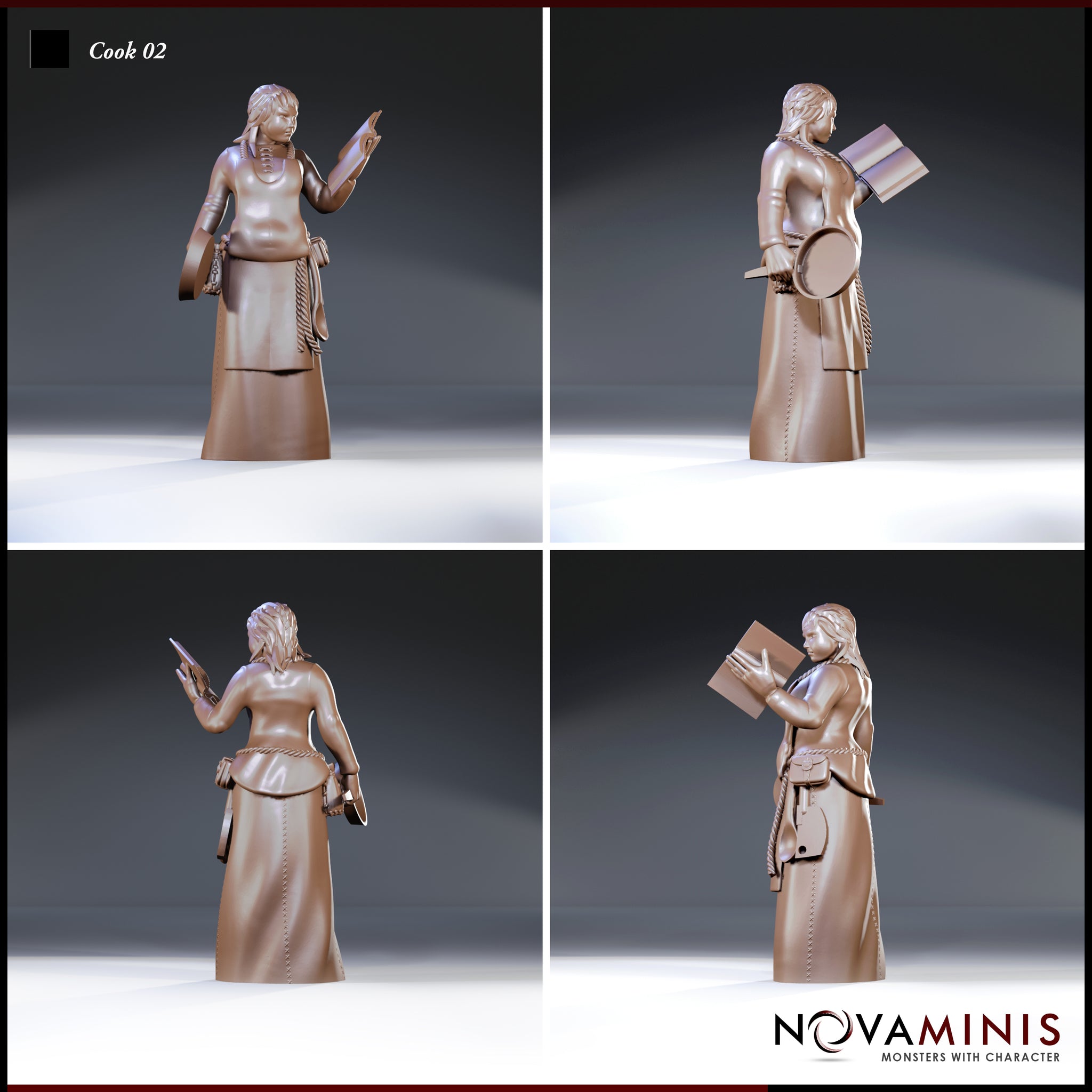 Female cook shown from four angles: reading from a raised book, gripping a flat pan underarm, rope-belted skirts with hanging ladle and pouch, braided hair loosely pinned back. Sculpt by Novaminis.