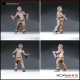 Same dishevelled male figure shown from multiple angles: arms spread wide mid-stumble, tankard and bottle in hand, unkempt hair and casual clothing visible from front, sides, and rear. Sculpt by Novaminis.