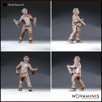Same dishevelled male figure shown from multiple angles: arms spread wide mid-stumble, tankard and bottle in hand, unkempt hair and casual clothing visible from front, sides, and rear. Sculpt by Novaminis.