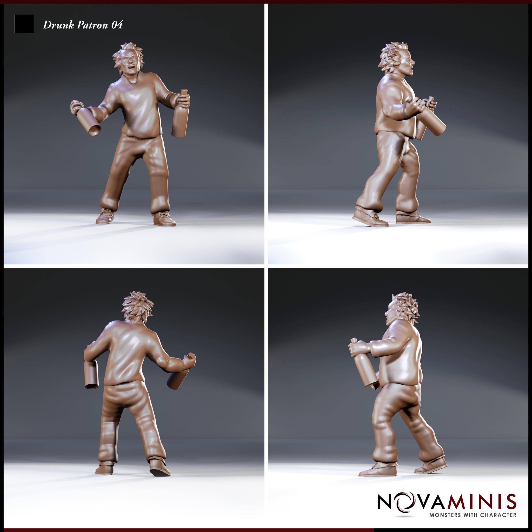 Same dishevelled male figure shown from multiple angles: arms spread wide mid-stumble, tankard and bottle in hand, unkempt hair and casual clothing visible from front, sides, and rear. Sculpt by Novaminis.
