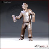 Dishevelled male figure standing with wild hair and a wide grin, swinging an empty tankard in his left hand and gripping a bottle in his right, wearing a loose shirt and trousers. Sculpt by Novaminis.