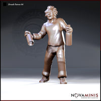 Dishevelled male figure standing with wild hair and a wide grin, swinging an empty tankard in his left hand and gripping a bottle in his right, wearing a loose shirt and trousers. Sculpt by Novaminis.