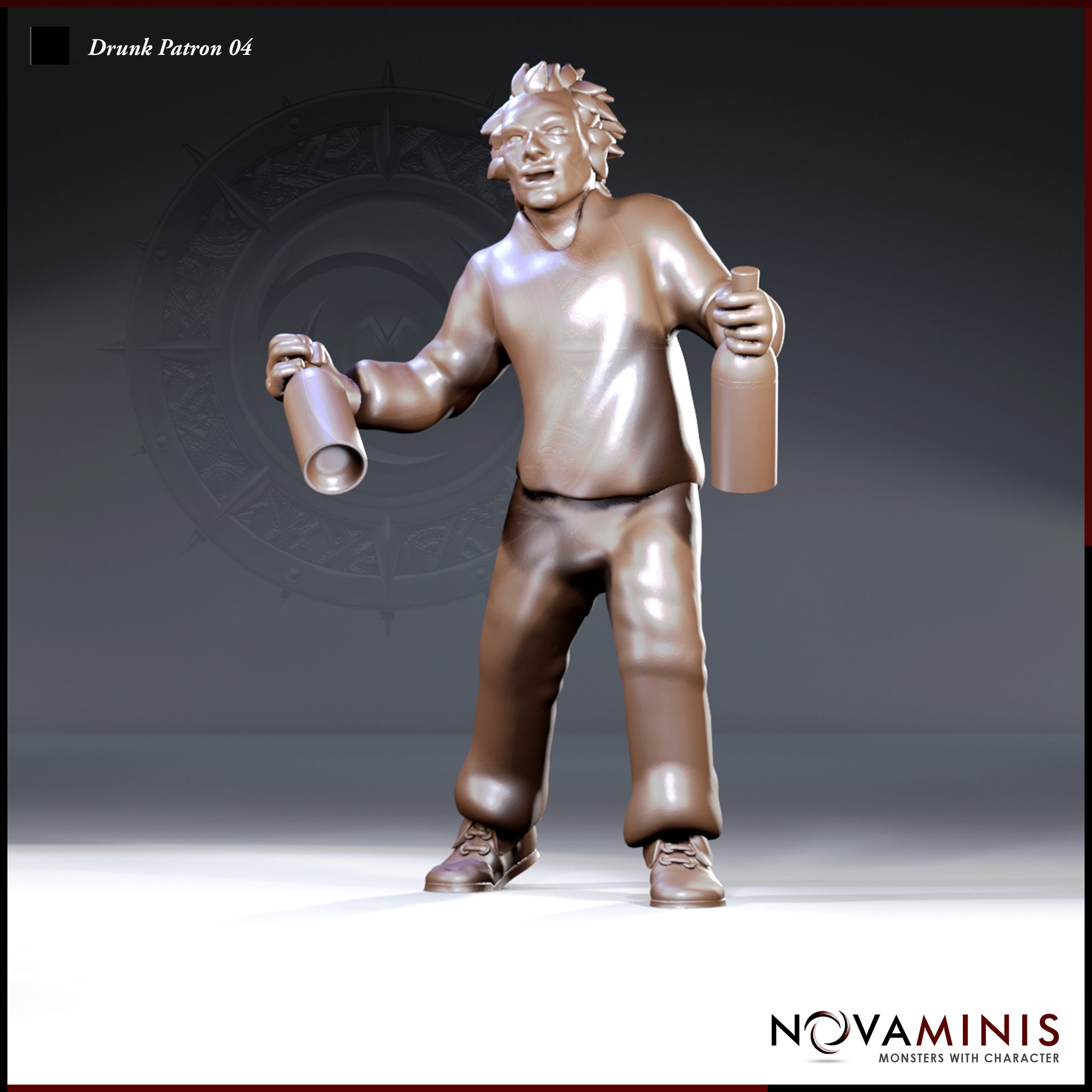 Dishevelled male figure standing with wild hair and a wide grin, swinging an empty tankard in his left hand and gripping a bottle in his right, wearing a loose shirt and trousers. Sculpt by Novaminis.