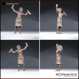 Four-angle composite showing the same figure from front, back, and both sides — laced skirt detail visible at rear, arms raised with goblet and bottle, wild hair with a decorative pin. Sculpt by Novaminis.