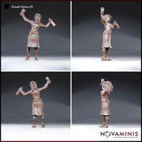 Four-angle composite showing the same figure from front, back, and both sides — laced skirt detail visible at rear, arms raised with goblet and bottle, wild hair with a decorative pin. Sculpt by Novaminis.