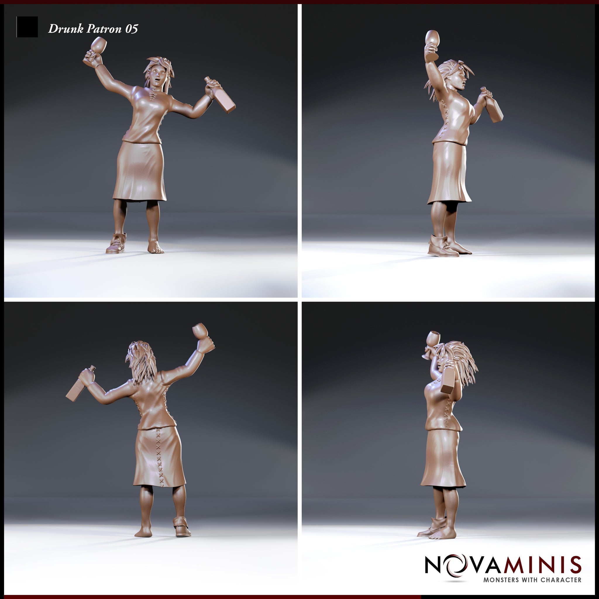 Four-angle composite showing the same figure from front, back, and both sides — laced skirt detail visible at rear, arms raised with goblet and bottle, wild hair with a decorative pin. Sculpt by Novaminis.