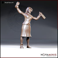 Woman leaning back with arms outstretched, holding a goblet aloft in one hand and a bottle in the other, wearing a laced corset top and mid-length skirt, one boot on and one foot bare. Sculpt by Novaminis.