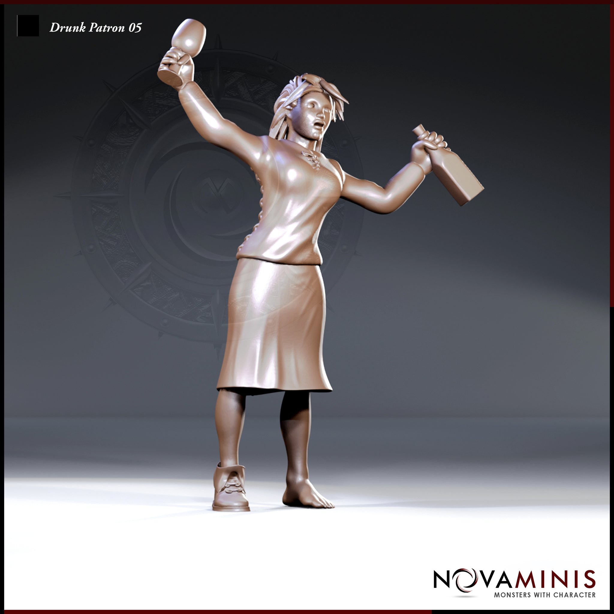 Woman leaning back with arms outstretched, holding a goblet aloft in one hand and a bottle in the other, wearing a laced corset top and mid-length skirt, one boot on and one foot bare. Sculpt by Novaminis.