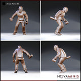 Bald heavyset man mid-stumble, club raised at his side and tankard gripped low, showing cross-laced stitching along his tunic. Scowling expression, sturdy boots. Sculpt by Novaminis, shown from multiple angles.