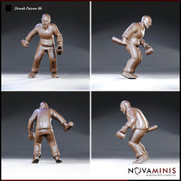 Bald heavyset man mid-stumble, club raised at his side and tankard gripped low, showing cross-laced stitching along his tunic. Scowling expression, sturdy boots. Sculpt by Novaminis, shown from multiple angles.