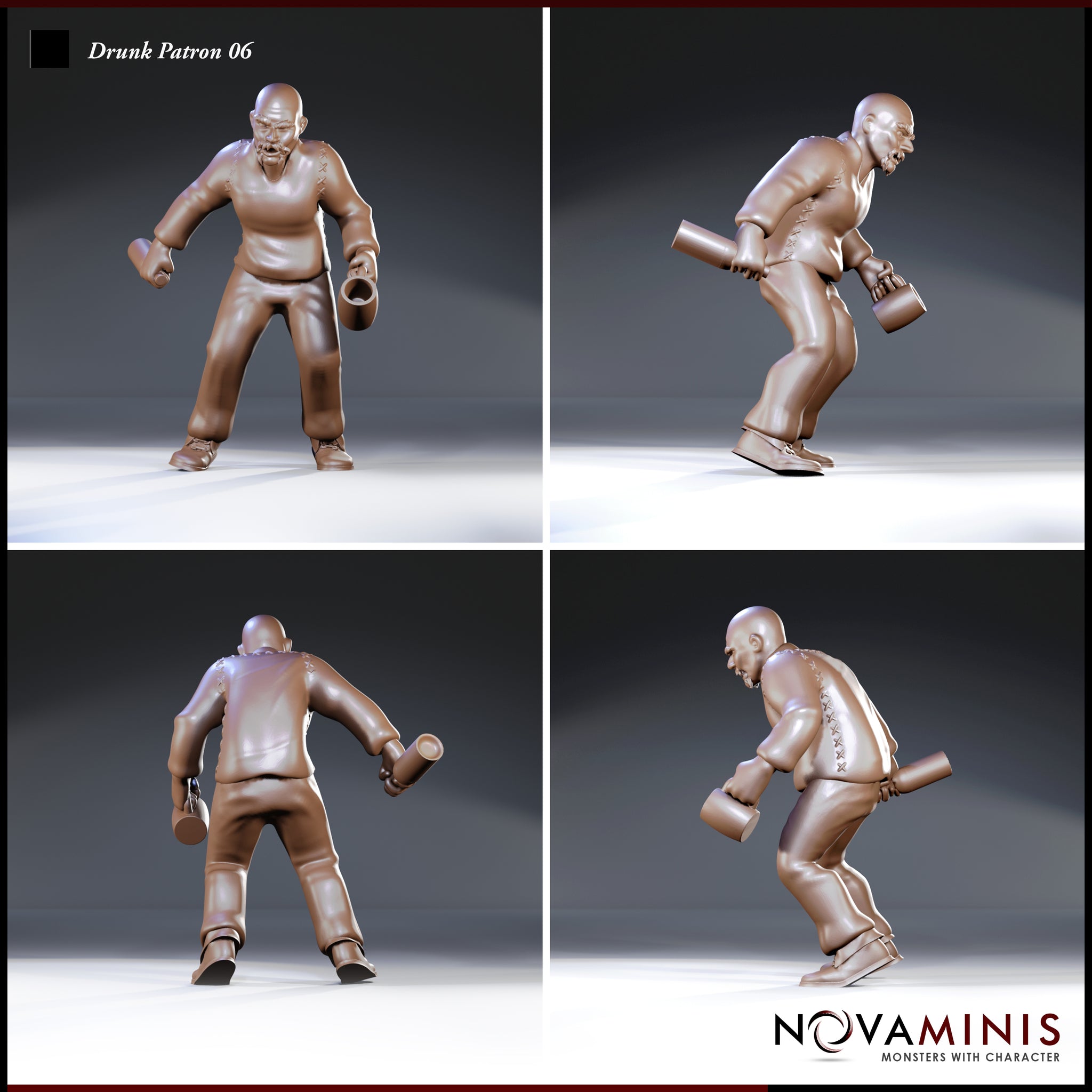 Bald heavyset man mid-stumble, club raised at his side and tankard gripped low, showing cross-laced stitching along his tunic. Scowling expression, sturdy boots. Sculpt by Novaminis, shown from multiple angles.