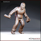 Burly bald man lurching forward, grimacing, holding a large wooden club low in his left hand and a clay tankard in his right. Lace-sided rough tunic, heavy trousers, and boots. Sculpt by Novaminis.