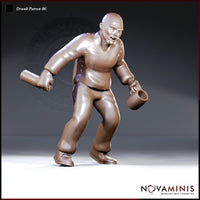 Burly bald man lurching forward, grimacing, holding a large wooden club low in his left hand and a clay tankard in his right. Lace-sided rough tunic, heavy trousers, and boots. Sculpt by Novaminis.