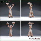 Female tavern server with dreadlocked hair shown from four angles — front, rear, and two side profiles — both arms raised holding laden trays overhead, layered skirt with detailed fabric folds. Sculpt by Novaminis.