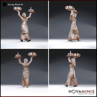 Female tavern server with dreadlocked hair shown from four angles — front, rear, and two side profiles — both arms raised holding laden trays overhead, layered skirt with detailed fabric folds. Sculpt by Novaminis.