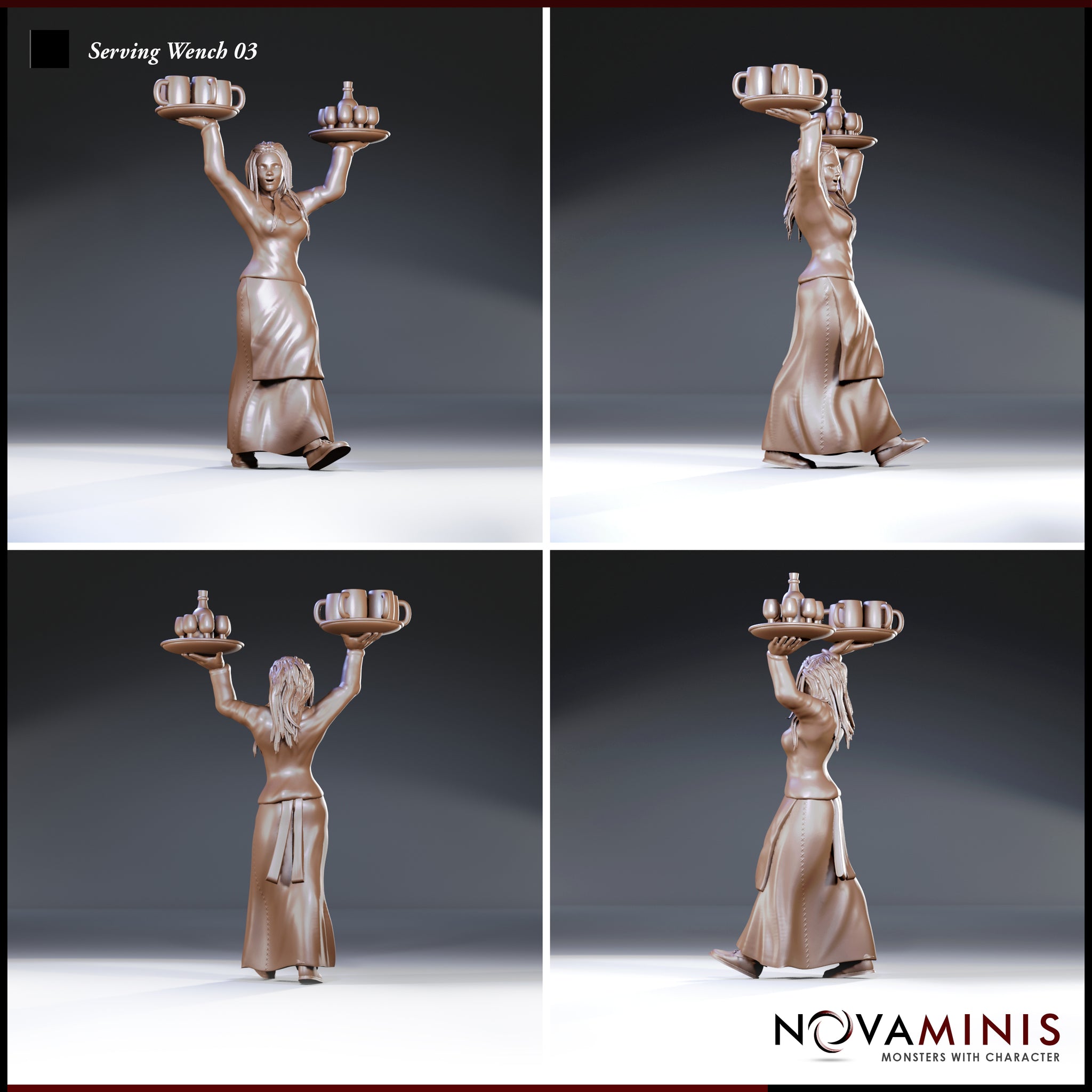 Female tavern server with dreadlocked hair shown from four angles — front, rear, and two side profiles — both arms raised holding laden trays overhead, layered skirt with detailed fabric folds. Sculpt by Novaminis.