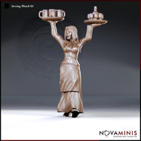 Female tavern server with dreadlocked hair, both arms raised high, balancing a tray of tankards in one hand and a tray with a bottle and goblets in the other, wearing a layered skirt. Sculpt by Novaminis.