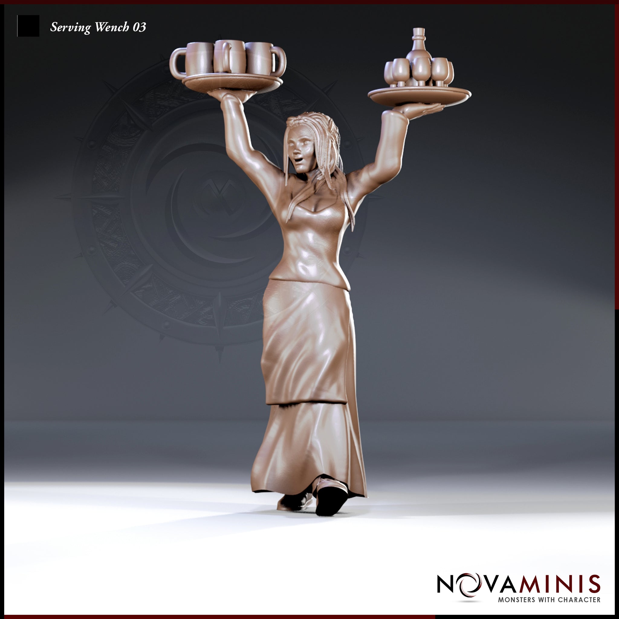 Female tavern server with dreadlocked hair, both arms raised high, balancing a tray of tankards in one hand and a tray with a bottle and goblets in the other, wearing a layered skirt. Sculpt by Novaminis.