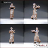 Tavern server seen from four angles — front, rear, and two three-quarter views — showing braided upswept hair, layered skirts with embroidered hem, and both hands gripping a platter bearing a roasted bird. Sculpt by Novaminis.