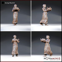 Tavern server seen from four angles — front, rear, and two three-quarter views — showing braided upswept hair, layered skirts with embroidered hem, and both hands gripping a platter bearing a roasted bird. Sculpt by Novaminis.