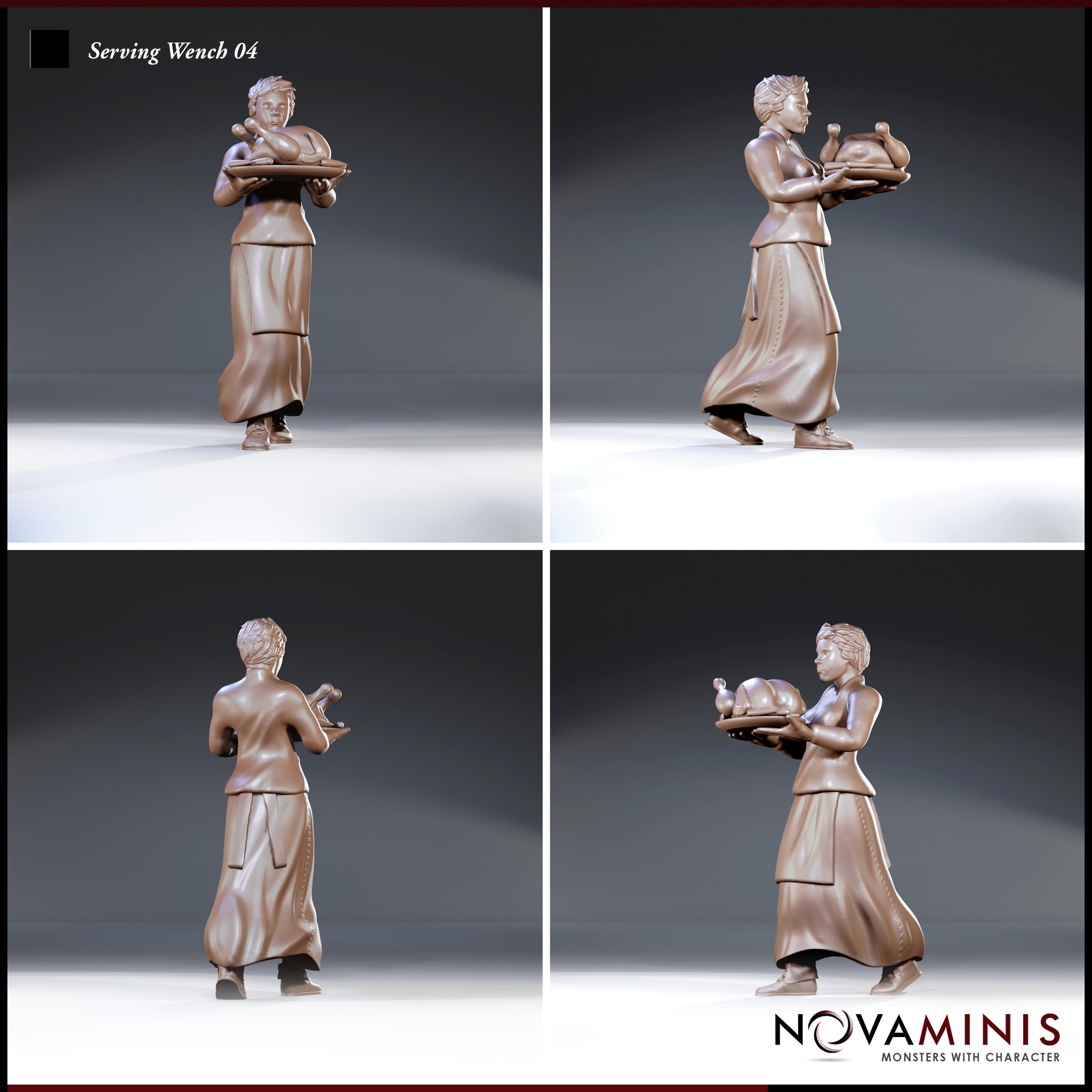 Tavern server seen from four angles — front, rear, and two three-quarter views — showing braided upswept hair, layered skirts with embroidered hem, and both hands gripping a platter bearing a roasted bird. Sculpt by Novaminis.