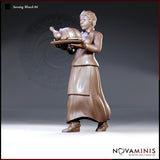 Tavern server standing upright, carrying a large platter with a whole roasted bird in both hands, wearing layered skirts and a fitted bodice, hair braided and pinned. Sculpt by Novaminis.
