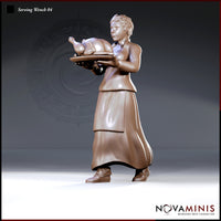 Tavern server standing upright, carrying a large platter with a whole roasted bird in both hands, wearing layered skirts and a fitted bodice, hair braided and pinned. Sculpt by Novaminis.