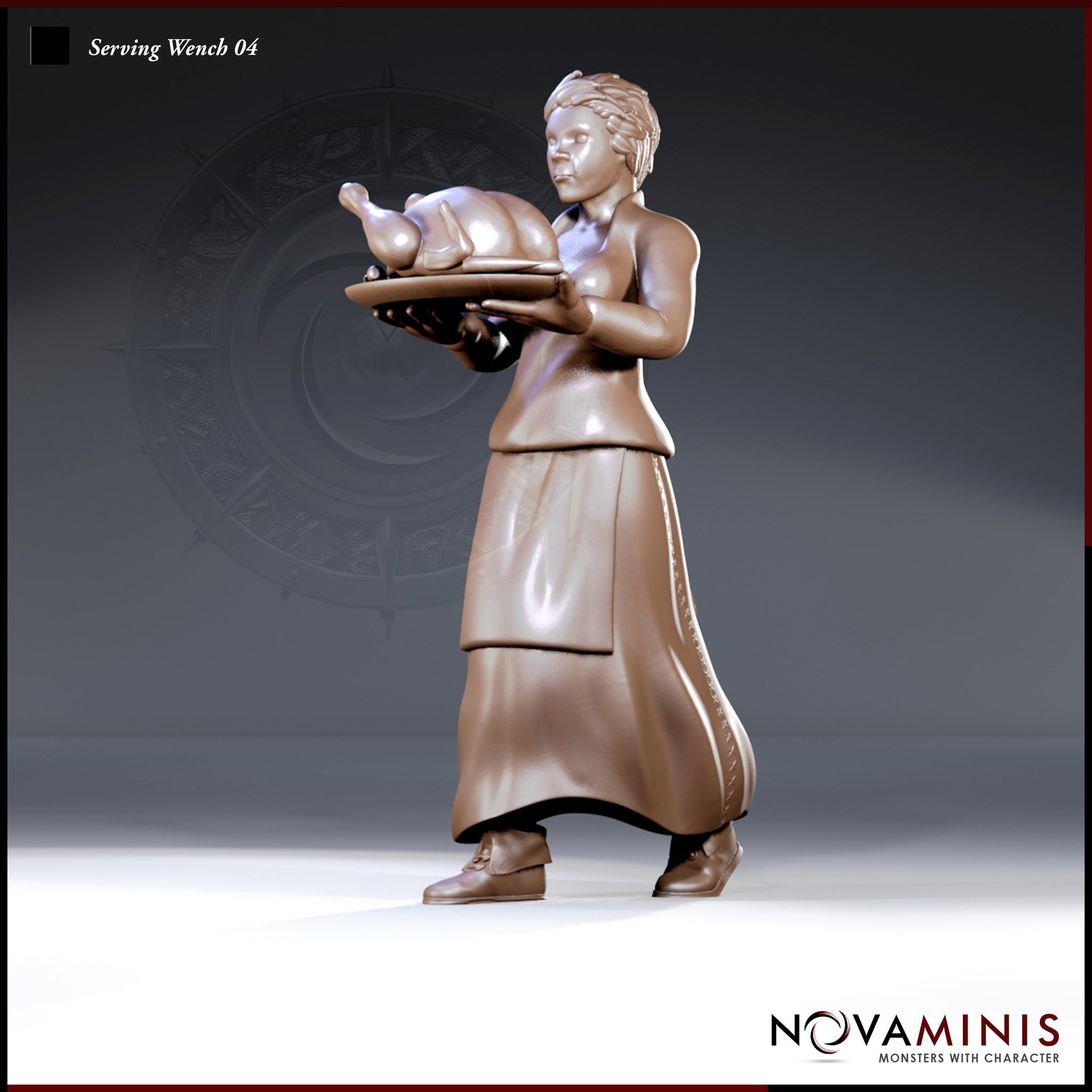 Tavern server standing upright, carrying a large platter with a whole roasted bird in both hands, wearing layered skirts and a fitted bodice, hair braided and pinned. Sculpt by Novaminis.