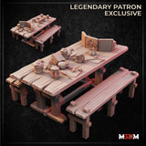 Digital render of a 32mm scale TTRPG gaming table scatter terrain piece by M3DM, showing a wide wooden tavern table with two benches, scattered with tankards, coin pouches, open books, quills, dice, and an M3DM branded DM screen prop — shown in warm resin-coloured render with a smaller version in the background